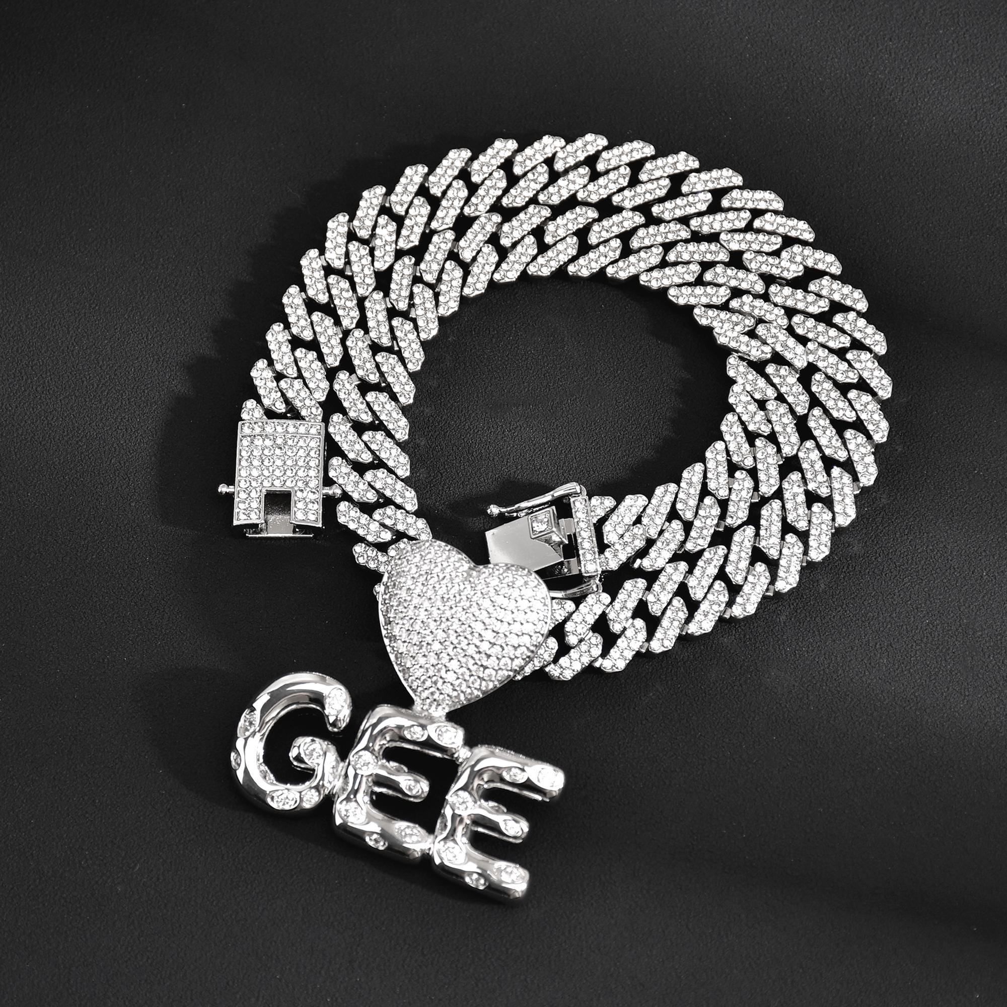 Iced Out Cuban Chain Hip Hop Heart Pendant Bubble Letters Name Chain