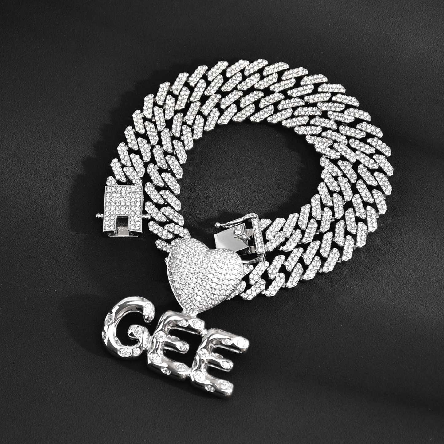 Iced Out Cuban Chain Hip Hop Heart Pendant Bubble Letters Name Chain