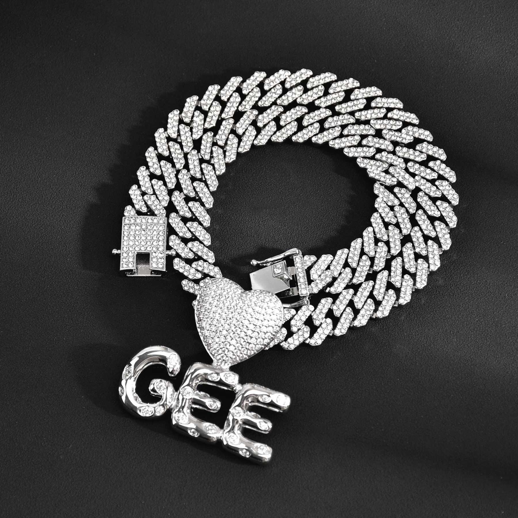 Iced Out Cuban Chain Hip Hop Heart Pendant Bubble Letters Name Chain