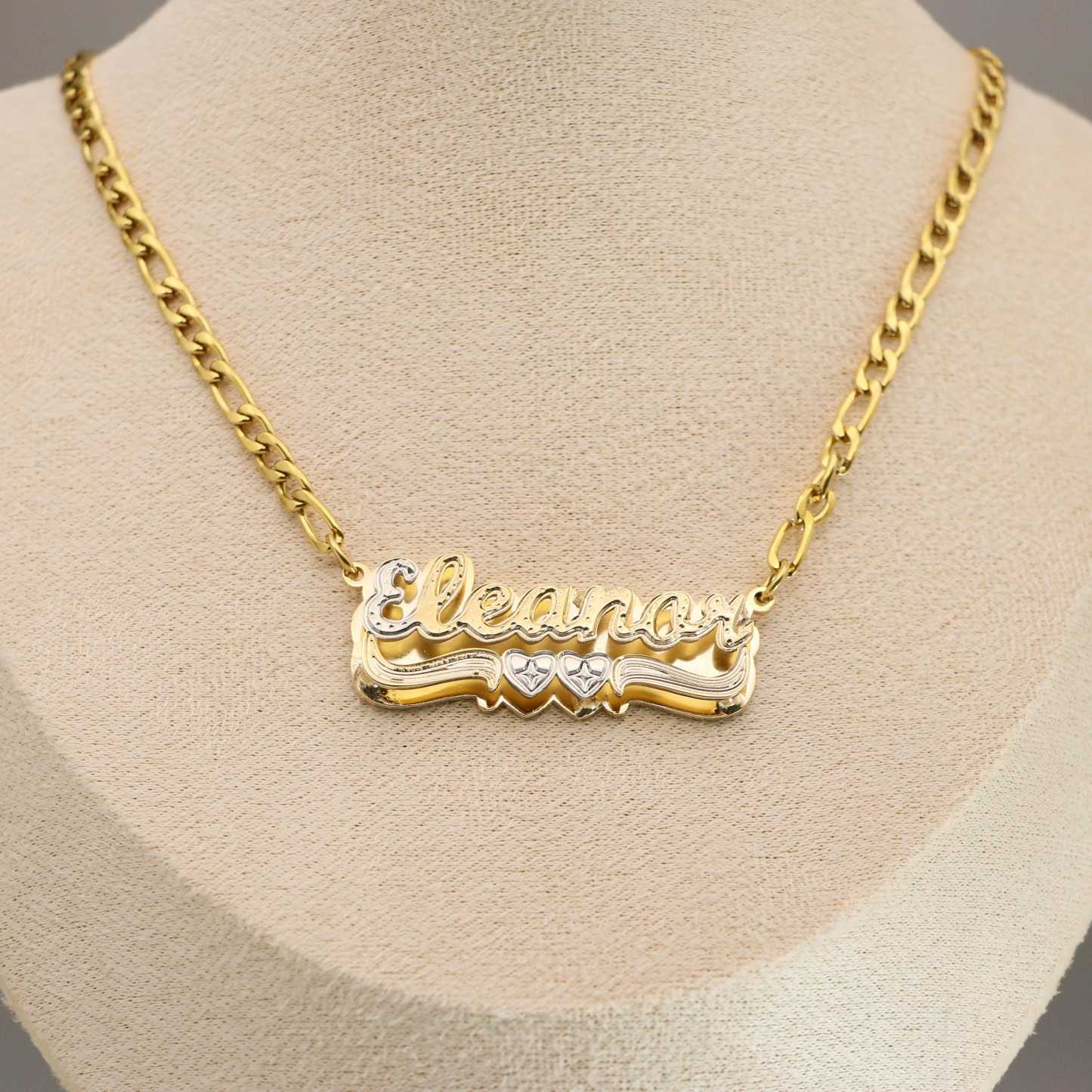 Two Tone Double Plate Custom Name Necklace with Two Hearts