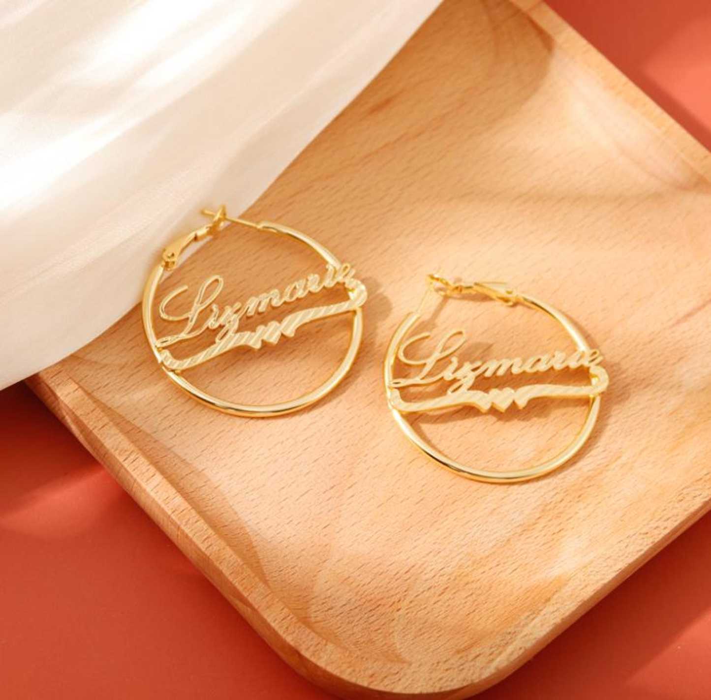 Diamond Cut Heart Nameplate Personalized Hoop Earrings