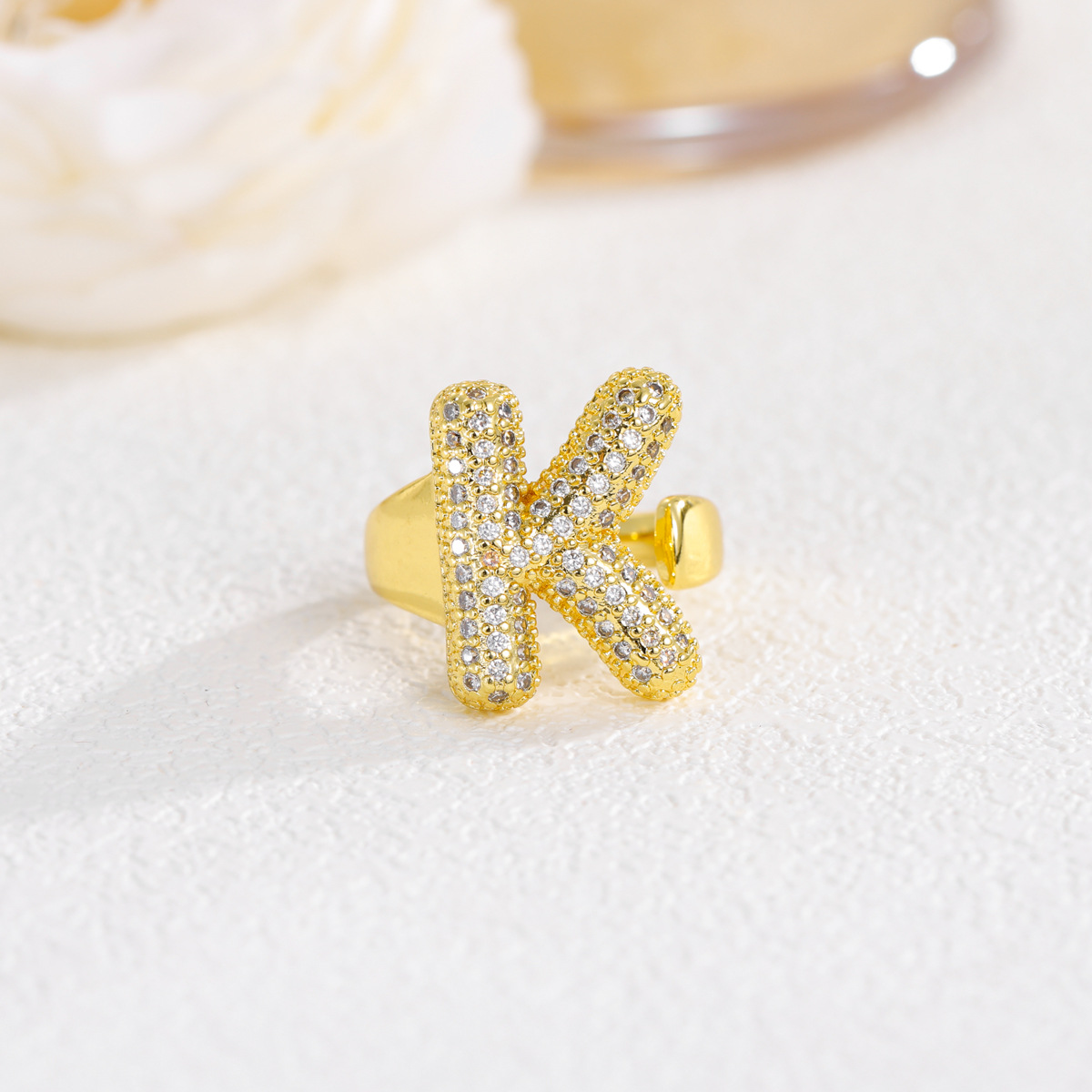 Zirconia Custom Initial Letter Open Ring Stainless Steel