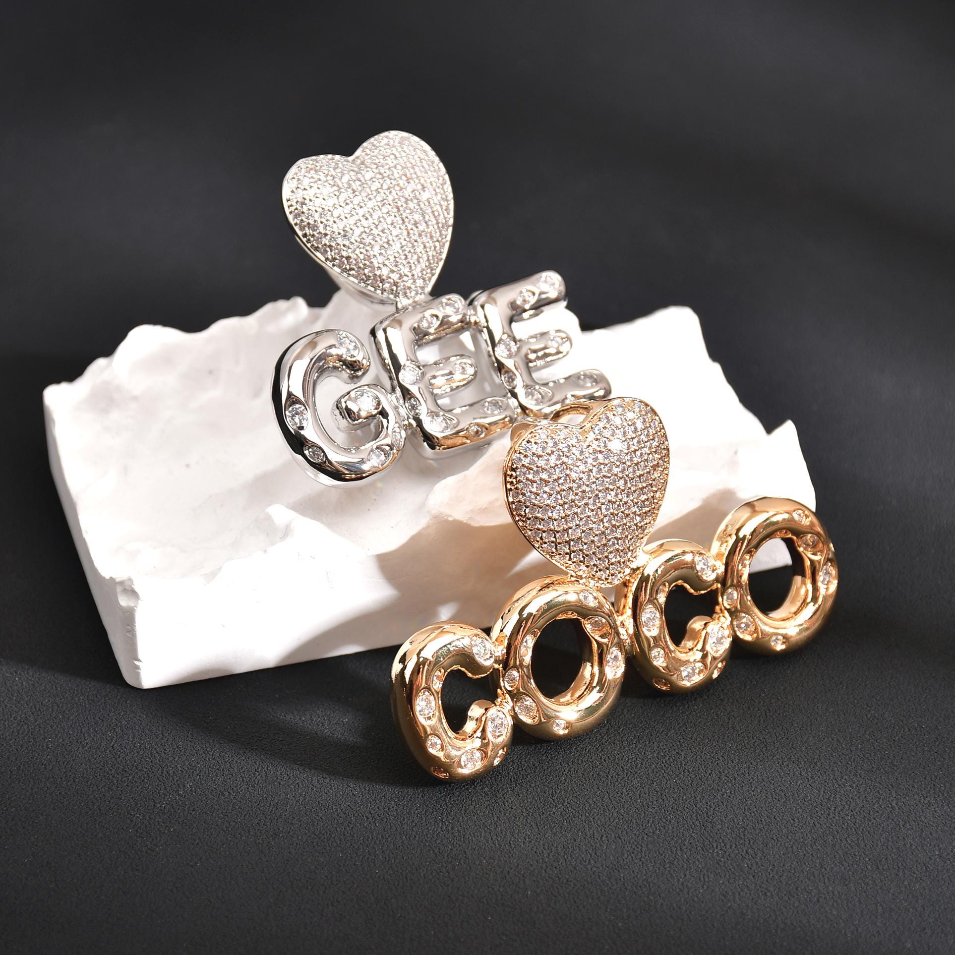Iced Out Cuban Chain Hip Hop Heart Pendant Bubble Letters Name Chain