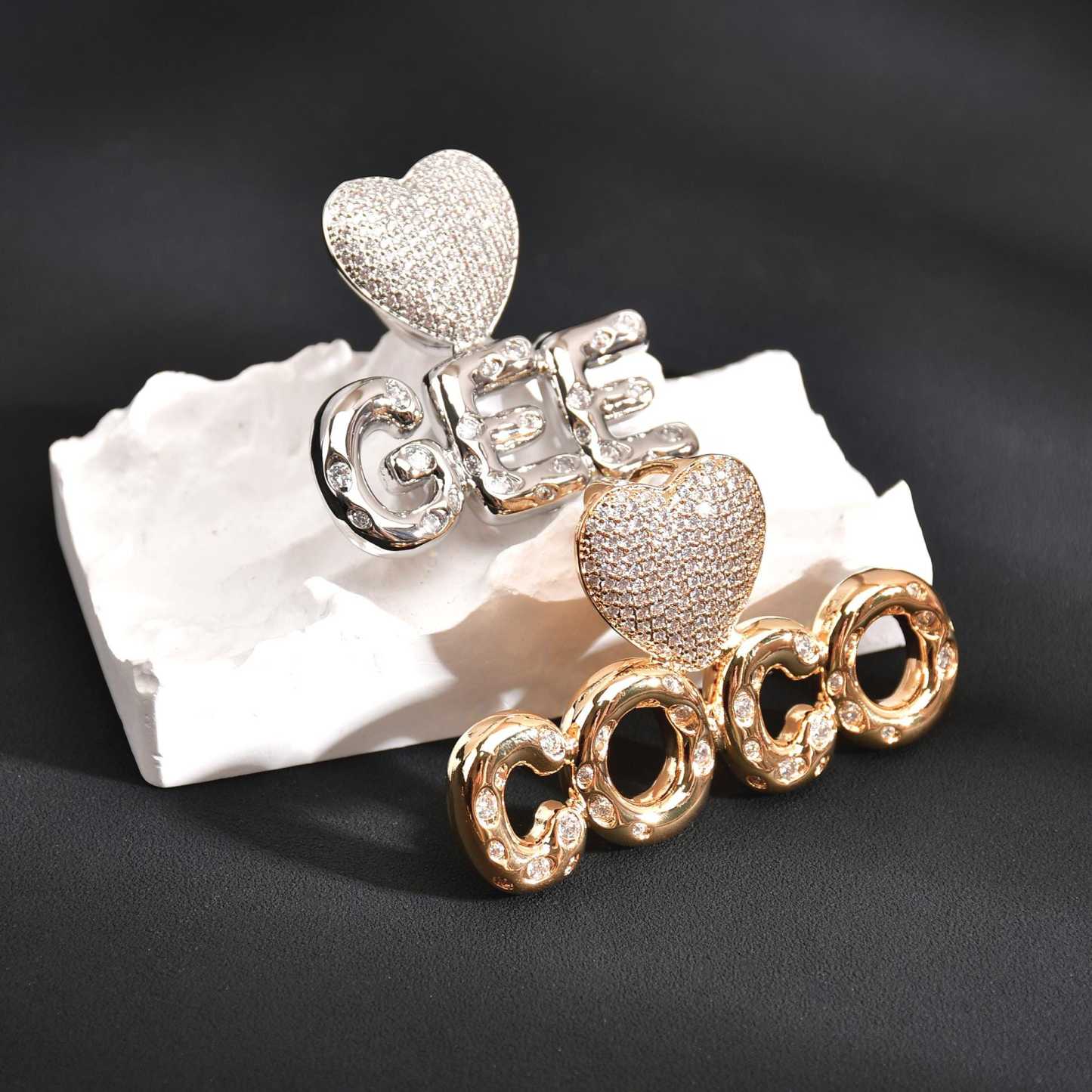 Iced Out Cuban Chain Hip Hop Heart Pendant Bubble Letters Name Chain