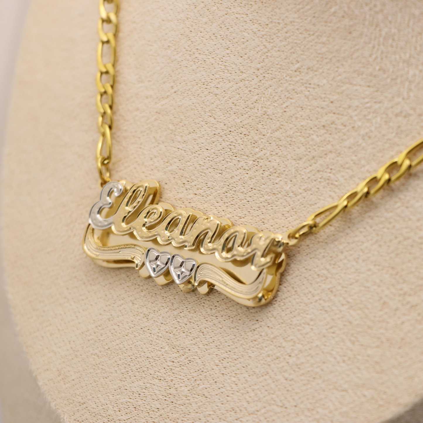 Two Tone Double Plate Custom Name Necklace with Two Hearts