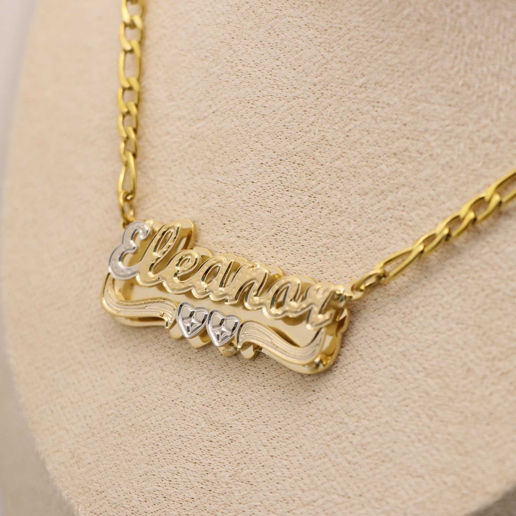 Two Tone Double Plate Custom Name Necklace with Two Hearts