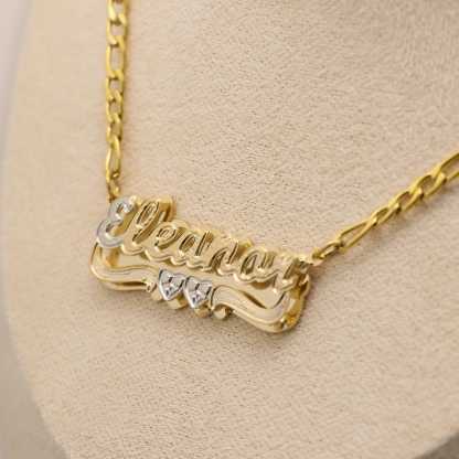 Two Tone Double Plate Custom Name Necklace with Two Hearts