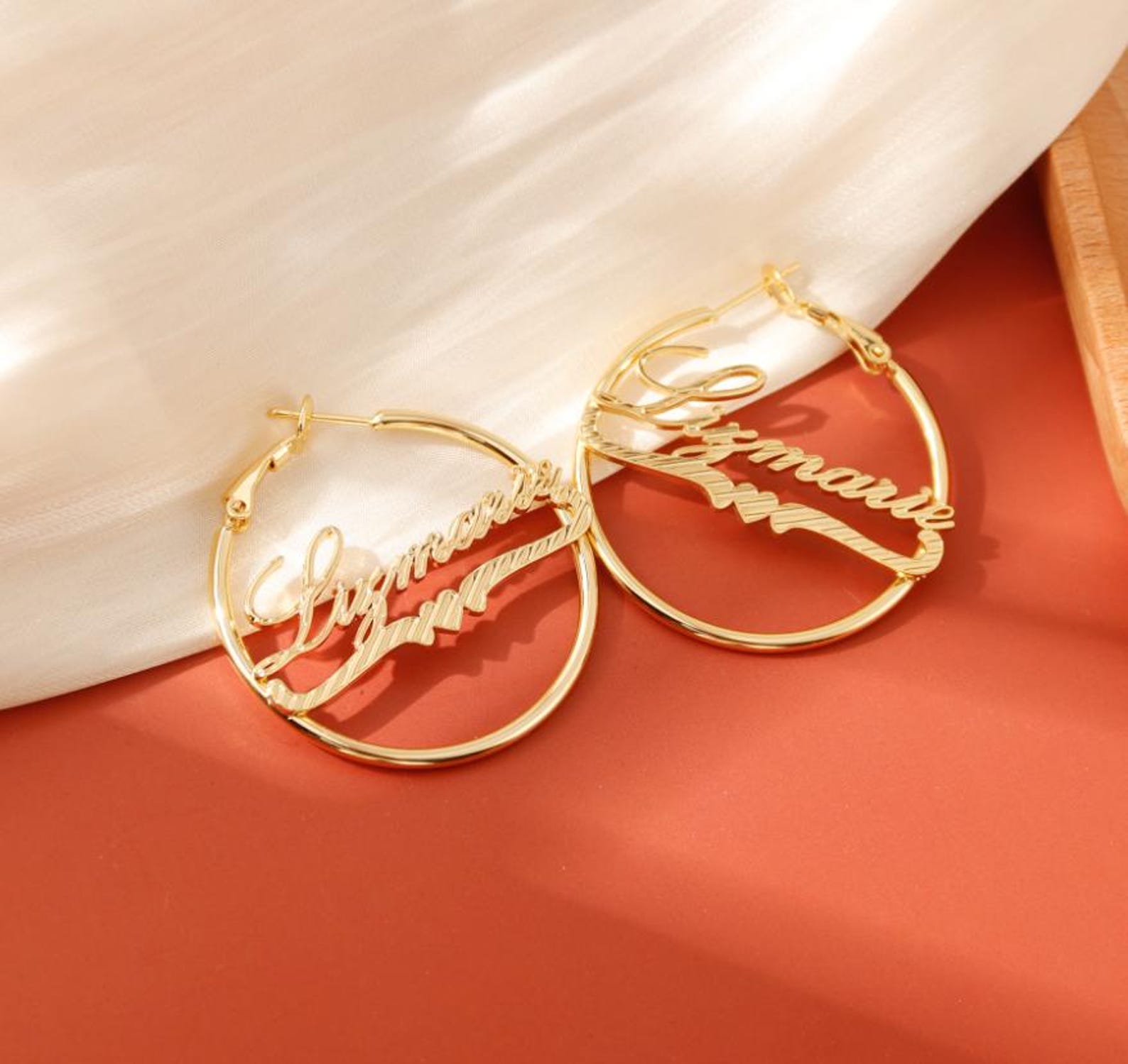 Diamond Cut Heart Nameplate Personalized Hoop Earrings