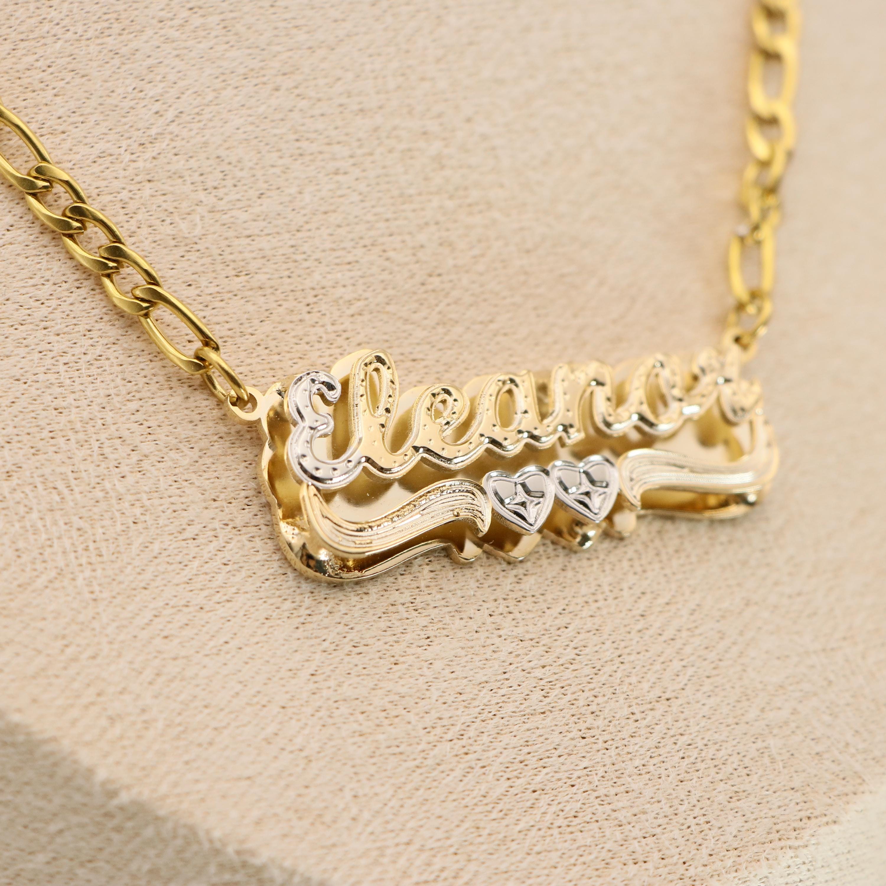 Two Tone Double Plate Custom Name Necklace with Two Hearts