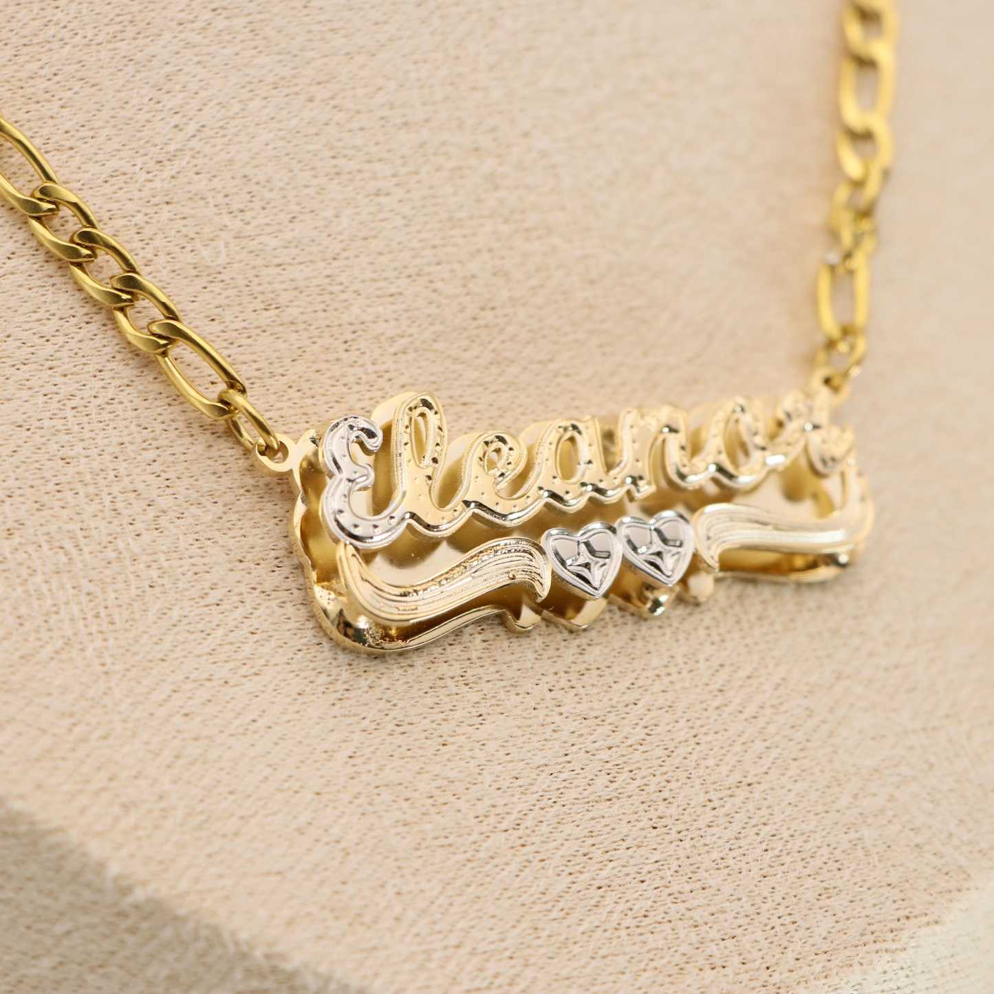 Two Tone Double Plate Custom Name Necklace with Two Hearts