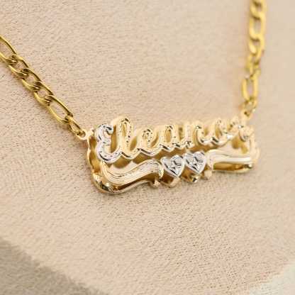 Two Tone Double Plate Custom Name Necklace with Two Hearts