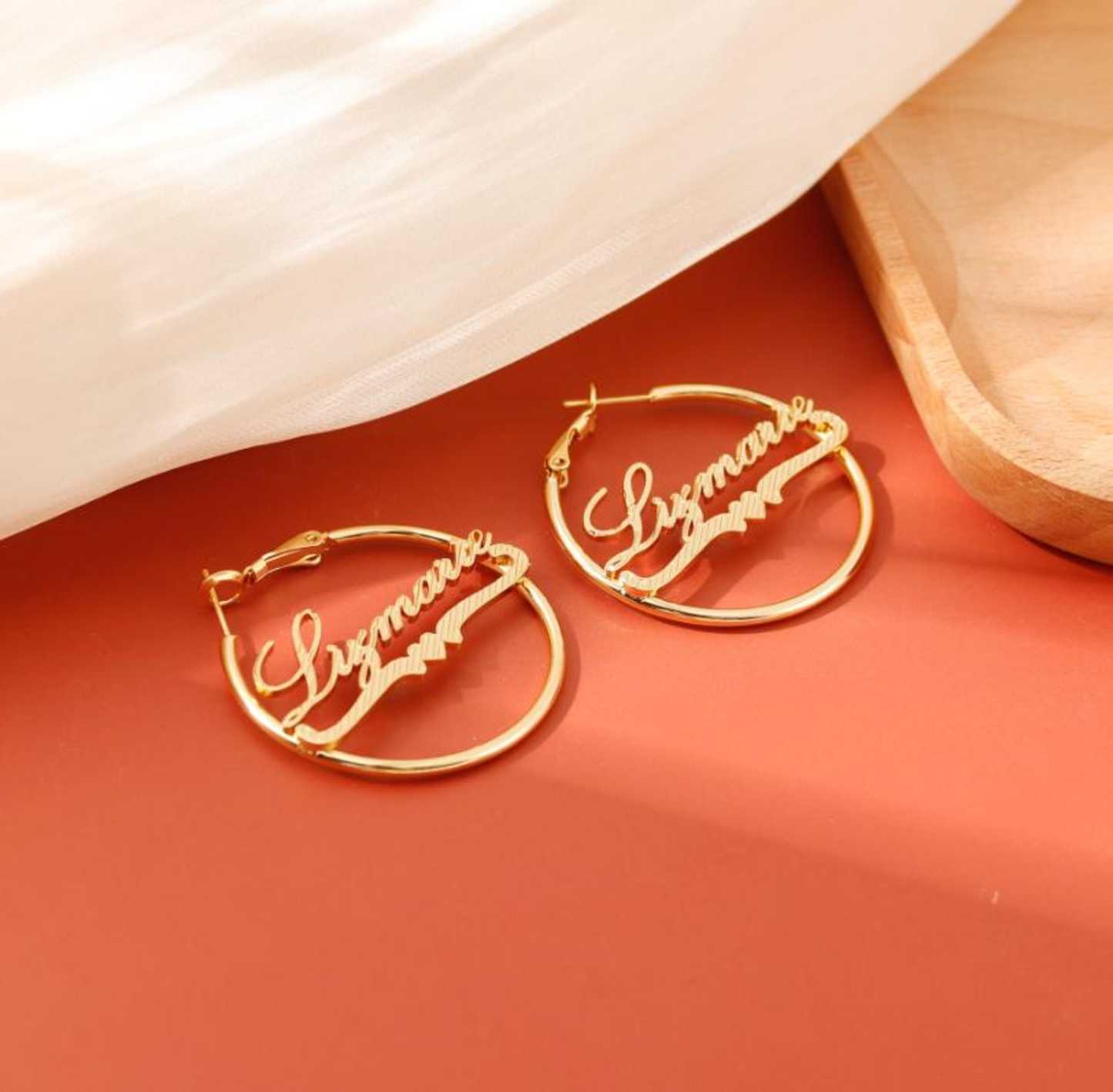 Diamond Cut Heart Nameplate Personalized Hoop Earrings