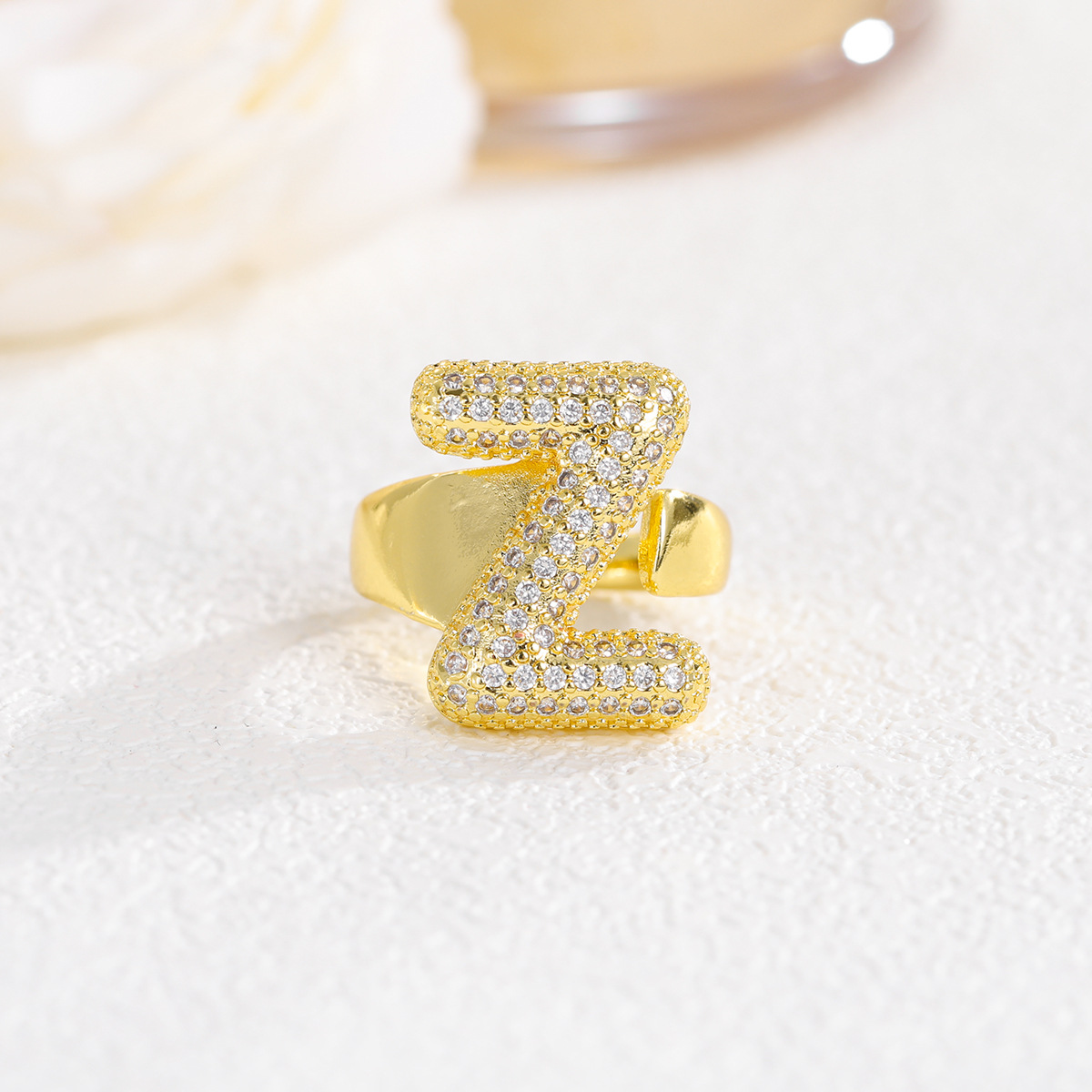 Zirconia Custom Initial Letter Open Ring Stainless Steel
