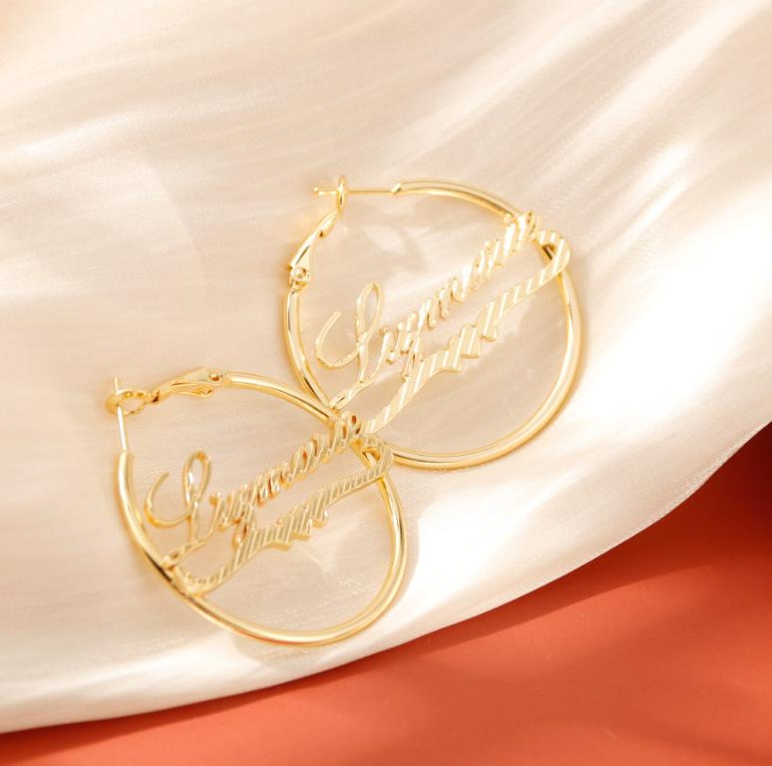 Diamond Cut Heart Nameplate Personalized Hoop Earrings