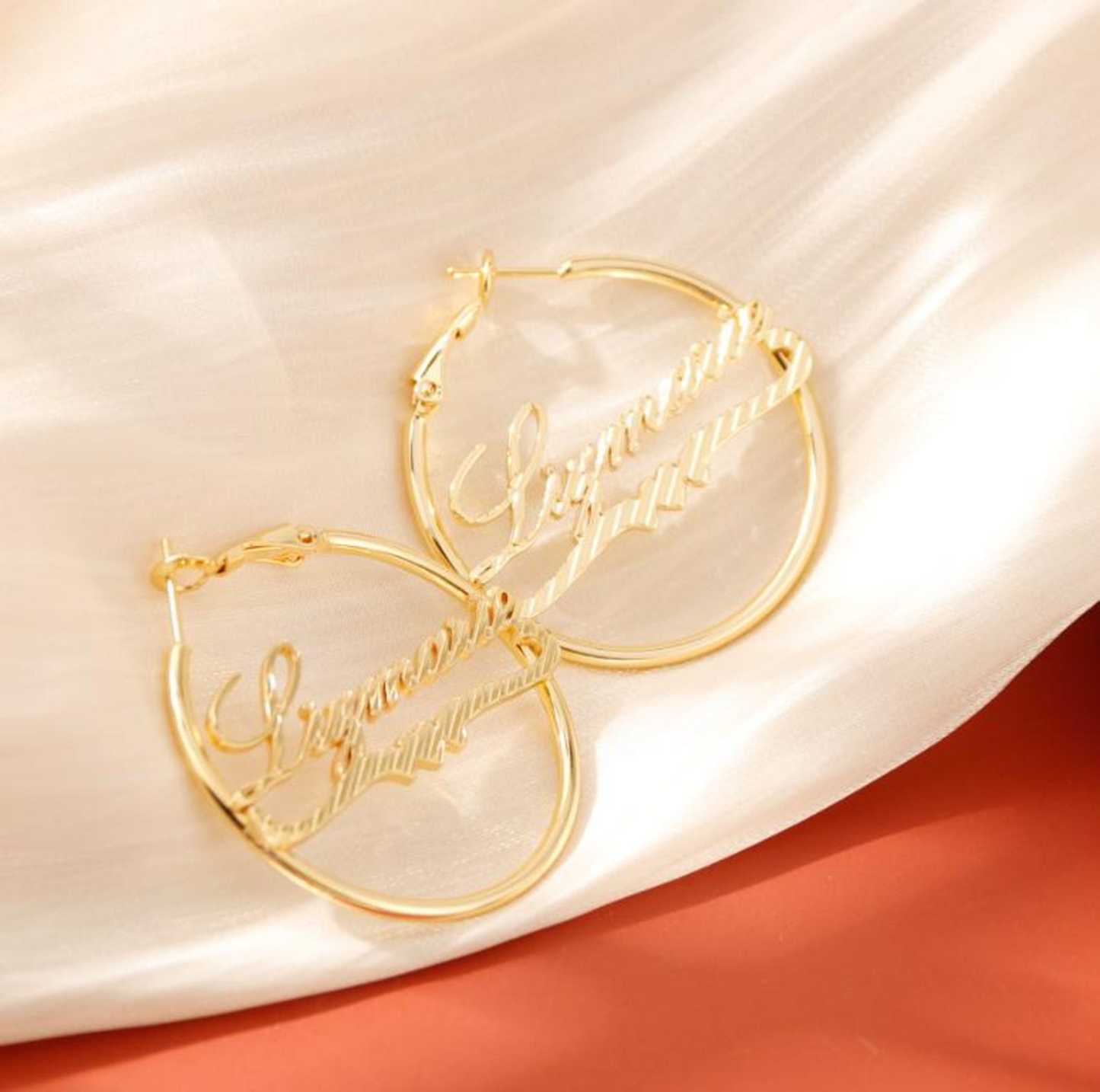 Diamond Cut Heart Nameplate Personalized Hoop Earrings