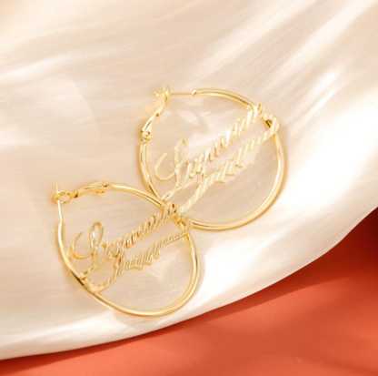 Diamond Cut Heart Nameplate Personalized Hoop Earrings