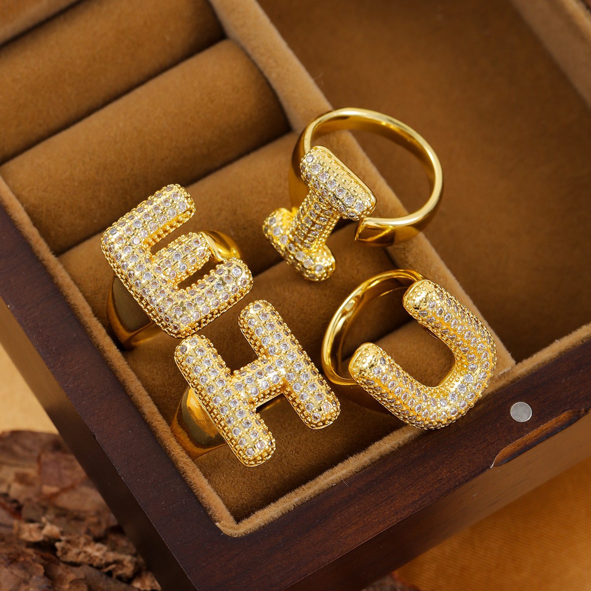 Zirconia Custom Initial Letter Open Ring Stainless Steel