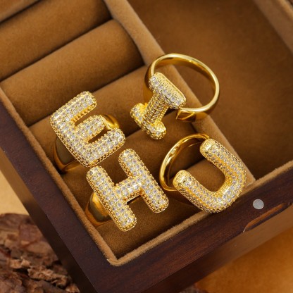 Zirconia Custom Initial Letter Open Ring Stainless Steel
