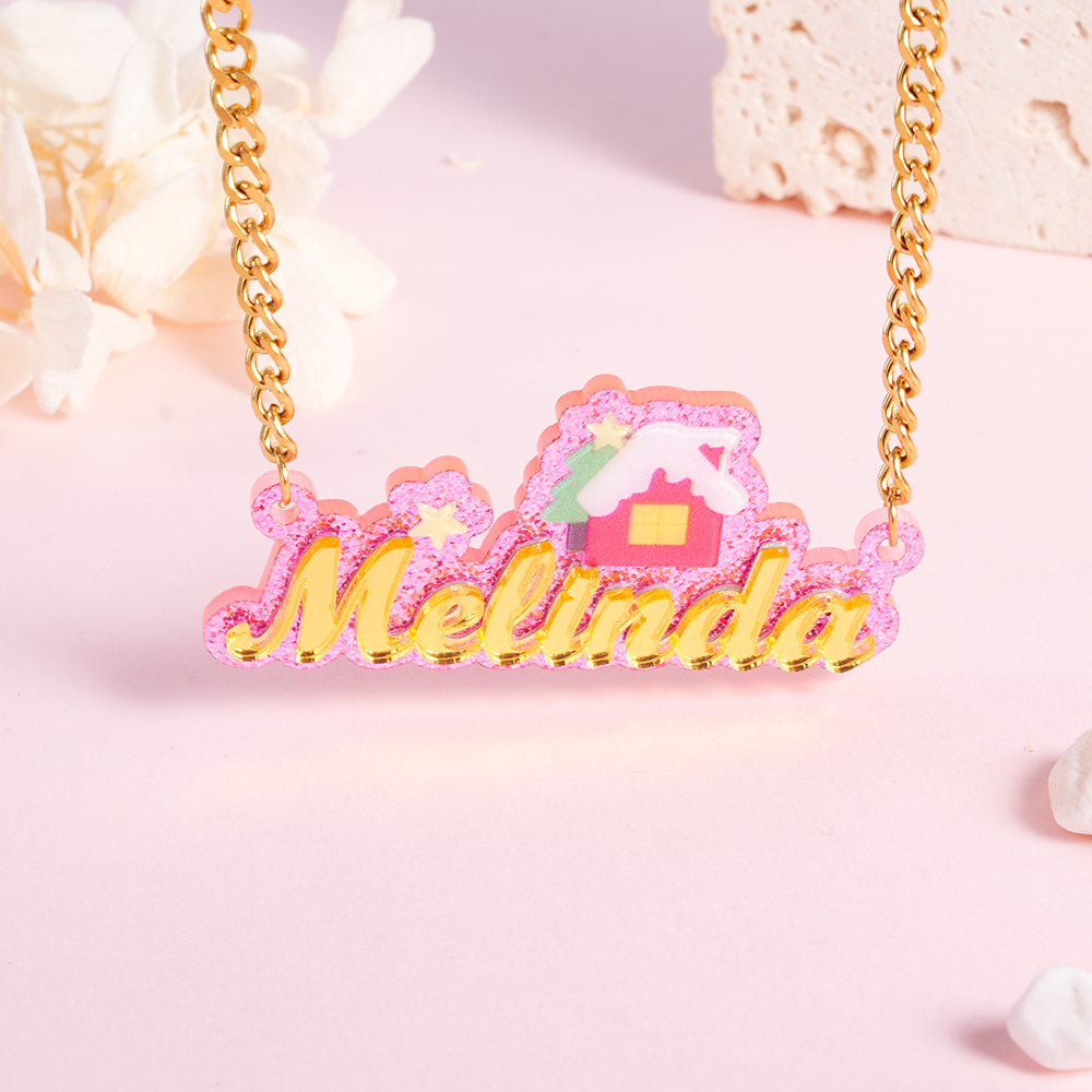 Cute Christmas House Acrylic Cuban Chain Personalized Name Necklace
