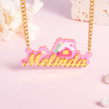 Cute Christmas House Acrylic Cuban Chain Personalized Name Necklace 