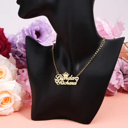 Couples Name With Crown Heart And Birthstone Personalized Custom Gold Plate Name Necklace