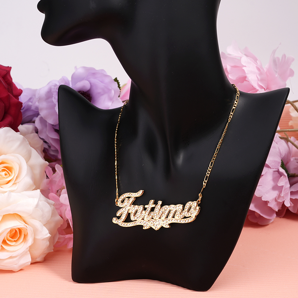 Double Layer Heart Inlaid Zircon Personalized Custom Gold Plated Name Necklace
