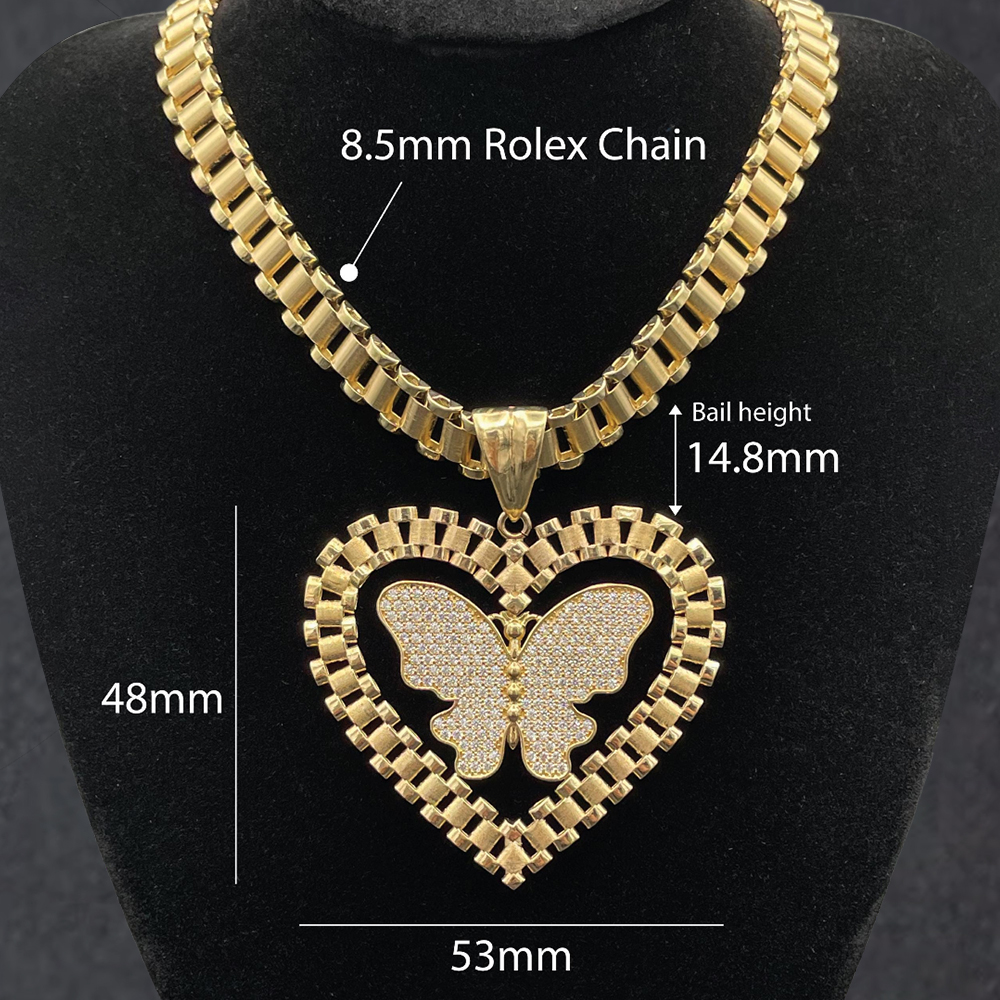 Heart Pendant With Butterfly Watch Band Chain Necklace