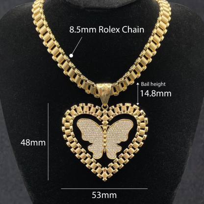Heart Pendant With Butterfly Watch Band Chain Necklace