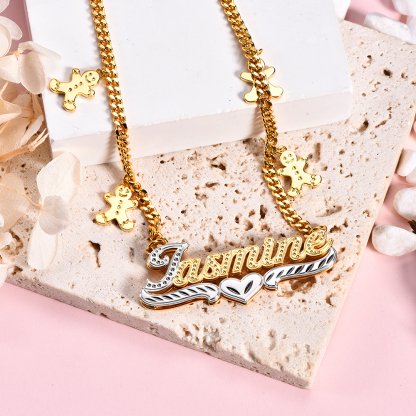 Double Plate Personalized Cuban Chain with Gingerbread Man Name Necklace