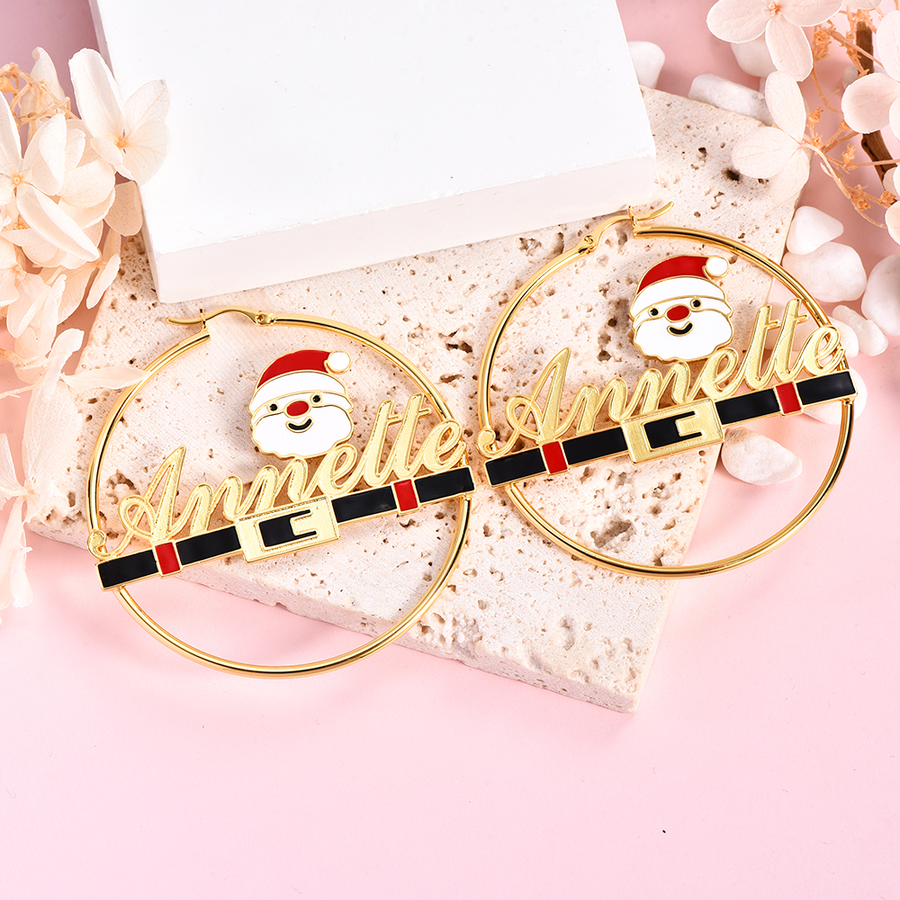 Cartoon Christmas Father Santa Nameplate Hoop Earrings Gold Plated Name Earrings