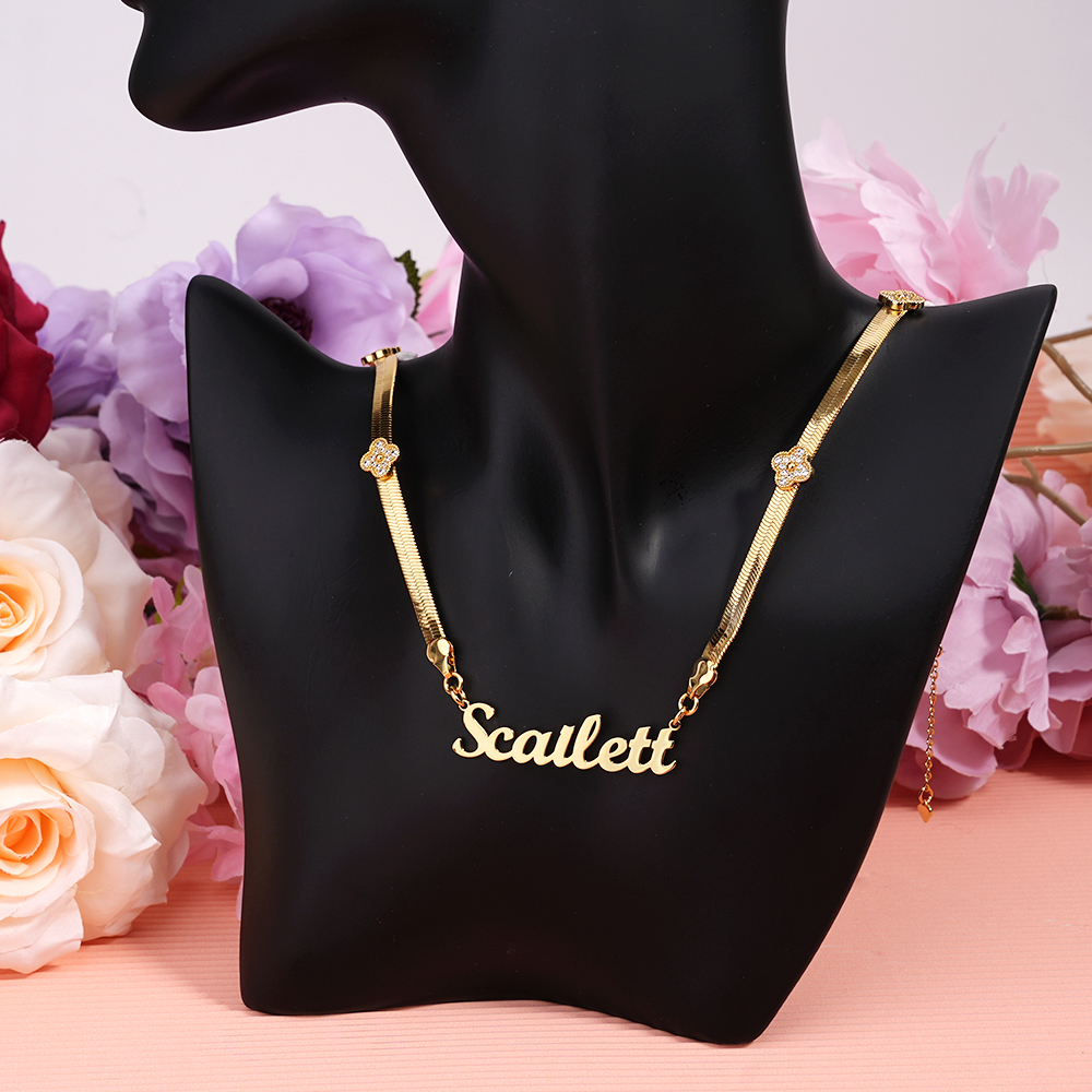 Personalized Snake Chain Four-leaf Clover Set Name Necklace And Name Bracelet 