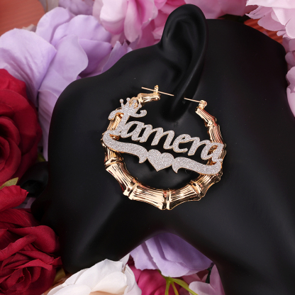 Two Tone Bamboo Crown Heart Bling Custom Name Earrings Gold Plated
