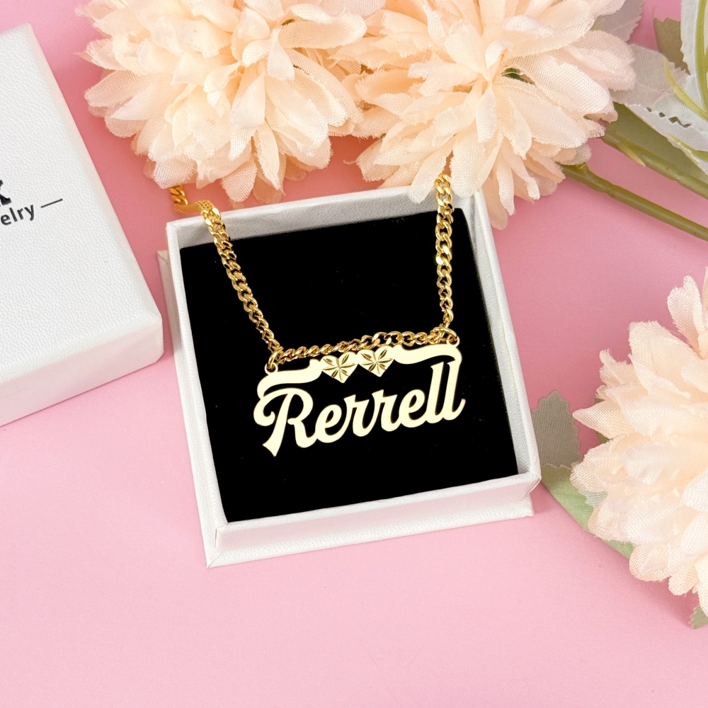 Customized Diamond Cut Double Hearts Name Pendant Necklace