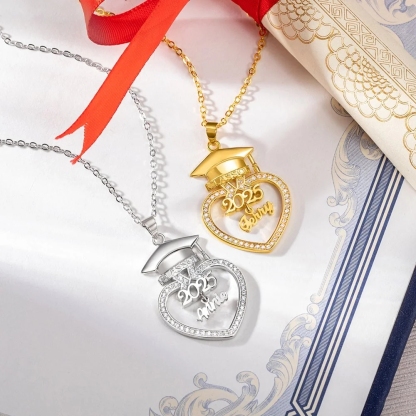 Shiny Personalized Custom Graduation Cap Heart Name Necklace