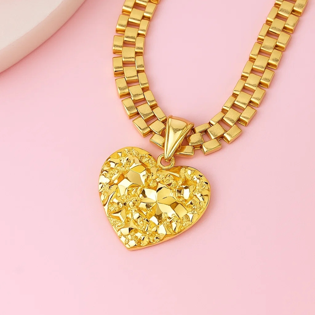 RX Link Chain Gold Plated Nugget Heart Pendant Necklace