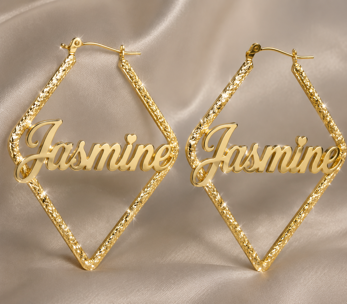Diamond Shaped Name Earrings Gold Plated Custom Name Hoop Earrings 