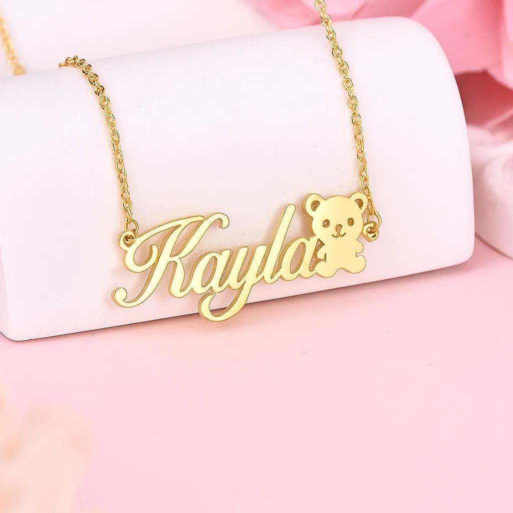 Bear Nameplate Pendant Personalized Custom Gold Plated Name Necklace