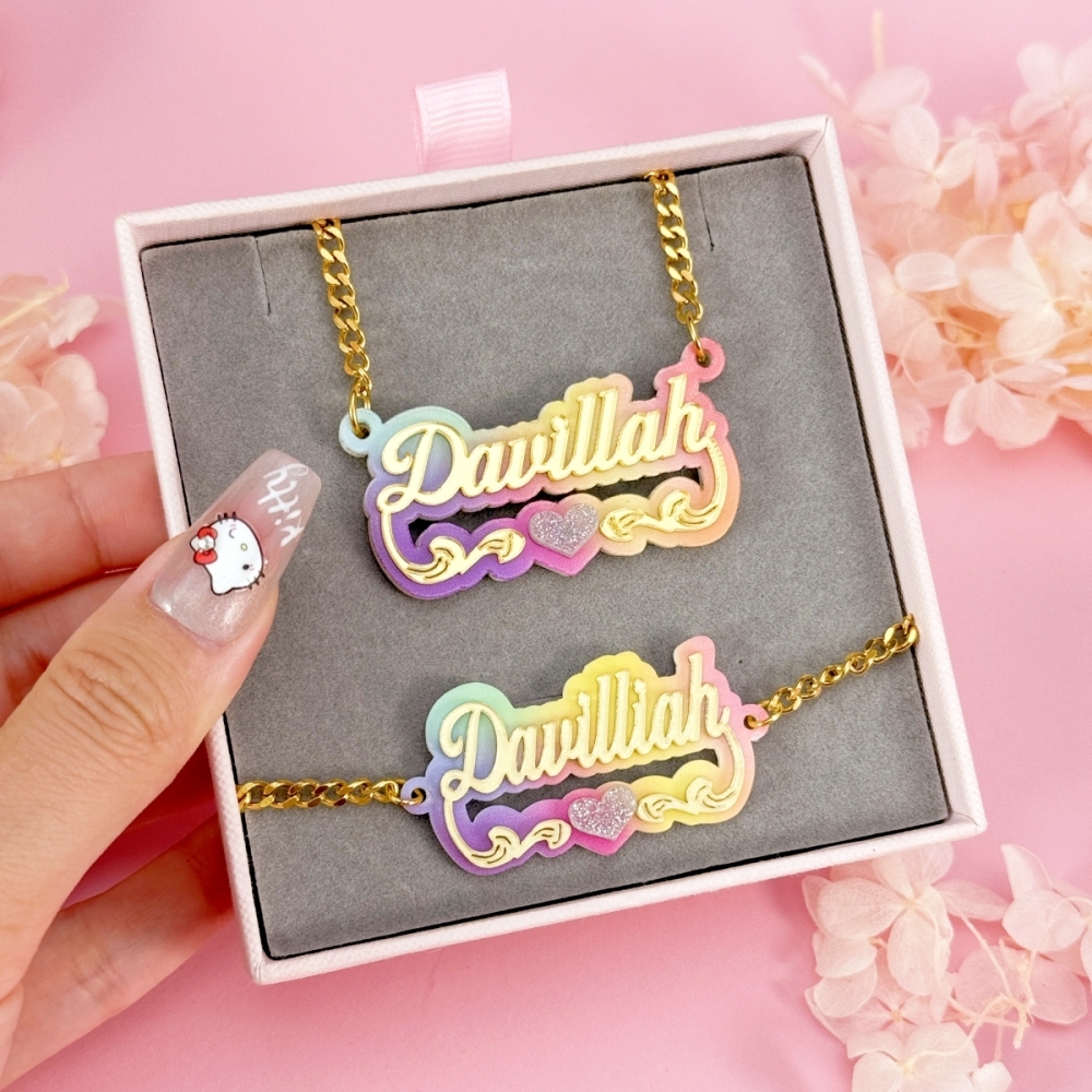 Acrylic Personalized Colorful Heart Name Necklace Bracelet Earrings Jewelry Set 3pcs