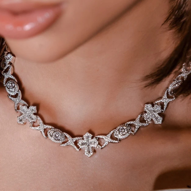 Sparkling Baguette Evil Eye Cross Necklace