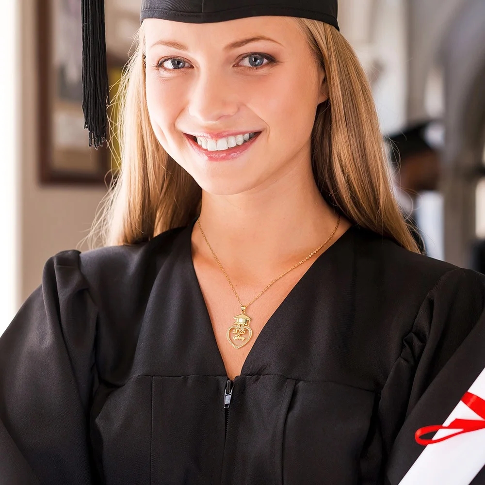 Shiny Personalized Custom Graduation Cap Heart Name Necklace