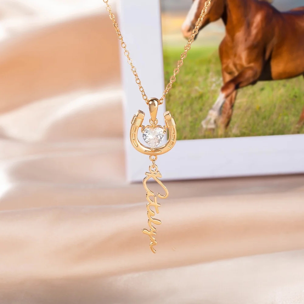 Personalized Horseshoe Name Necklace with Heart Birthstone