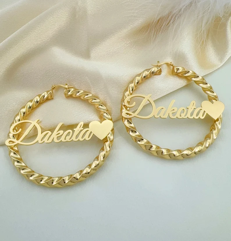 Love Heart Twist Hoop Name Earrings Custom Name Earrings 