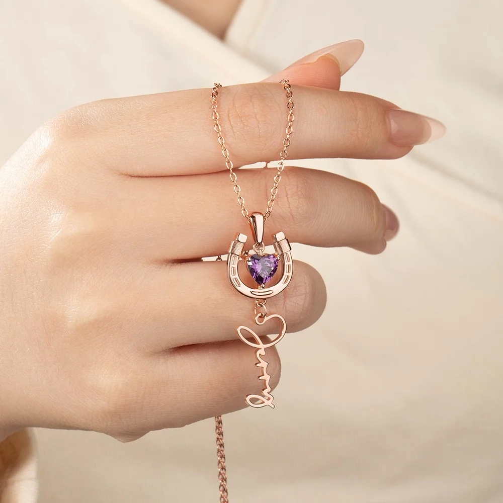 Personalized Horseshoe Name Necklace with Heart Birthstone