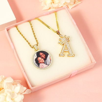 Personalized Photo Medallions Necklace And Initial Necklace Jewelry Set