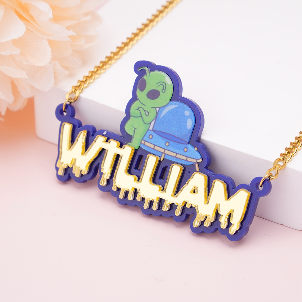 Personalized Custom Acrylic with Alien Spaceship Drip Letters Name Necklace