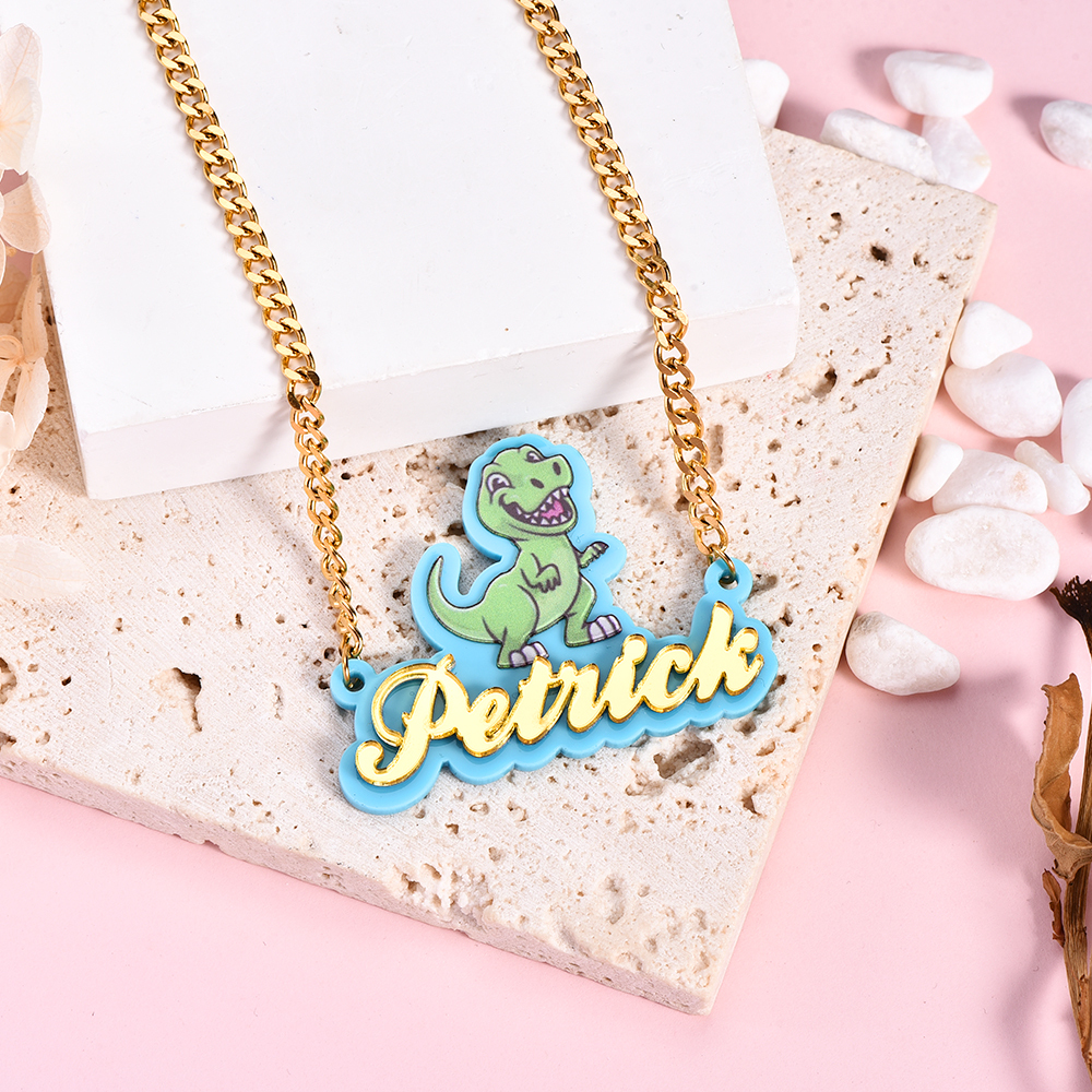 Boys Dinosaur Tyrannosaurus Acrylic Nameplate Pendant Personalized Name Necklace