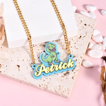 Boys Dinosaur Tyrannosaurus Acrylic Nameplate Pendant Personalized Name Necklace 