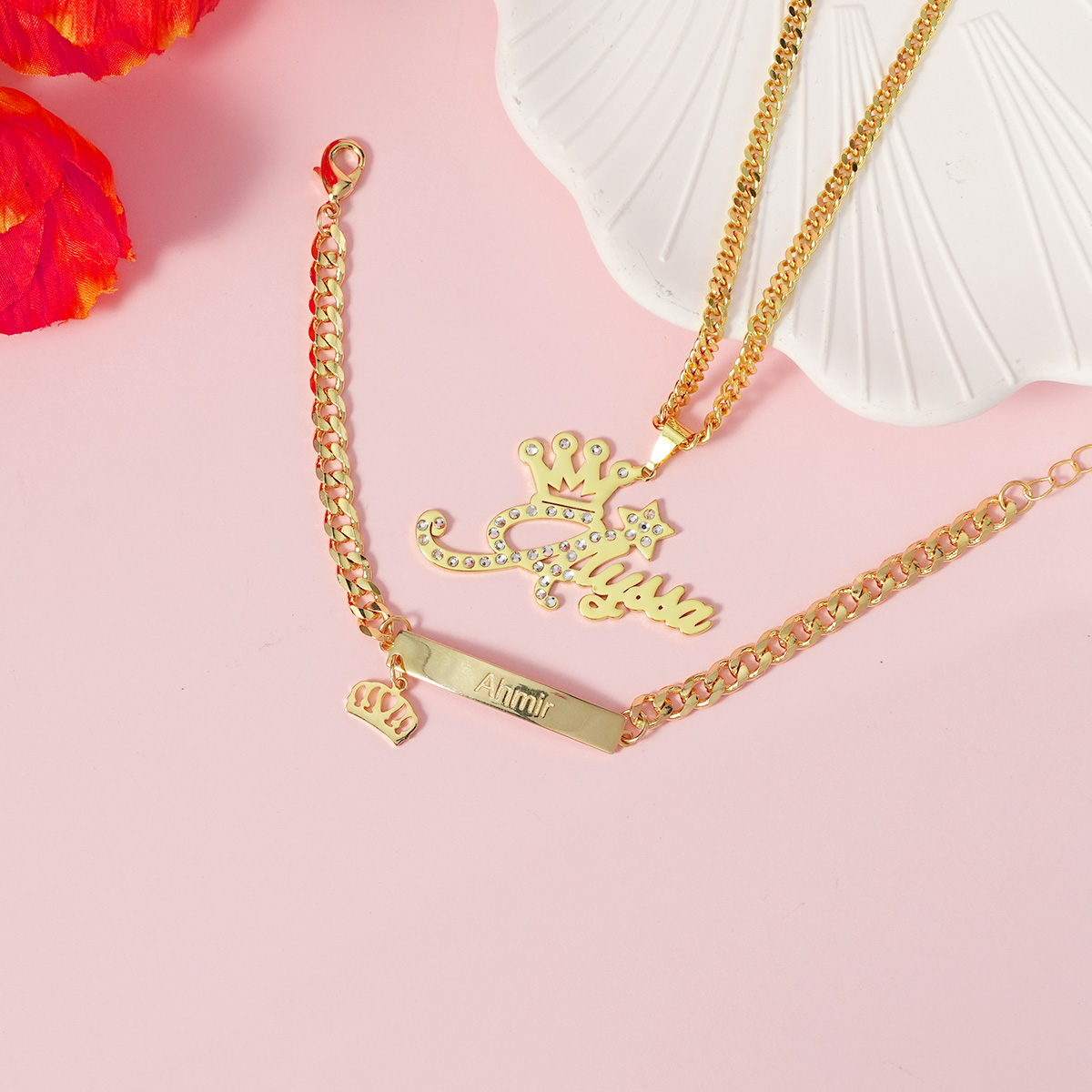 Crown With Zircon Personalized Name Necklace And Name Bracelet Jewelry