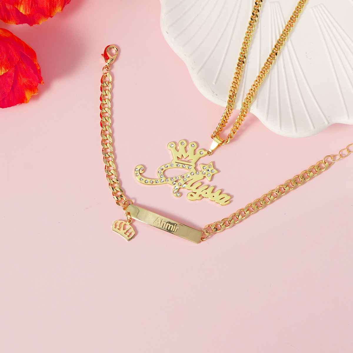 Crown With Zircon Personalized Name Necklace And Name Bracelet Jewelry