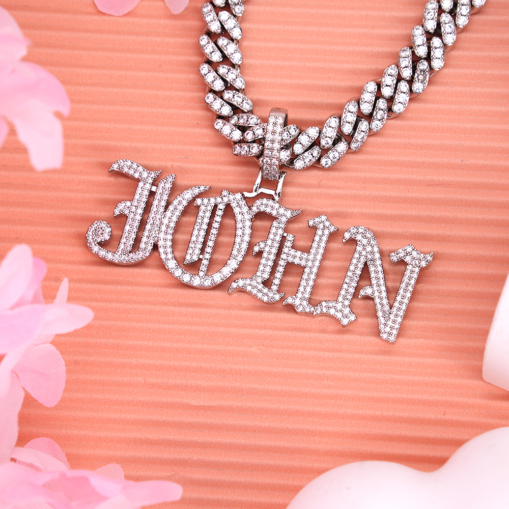 Hip Hop Style Iced Out Cuban Chain 2-6 Letters Old English Custom Initial Necklace